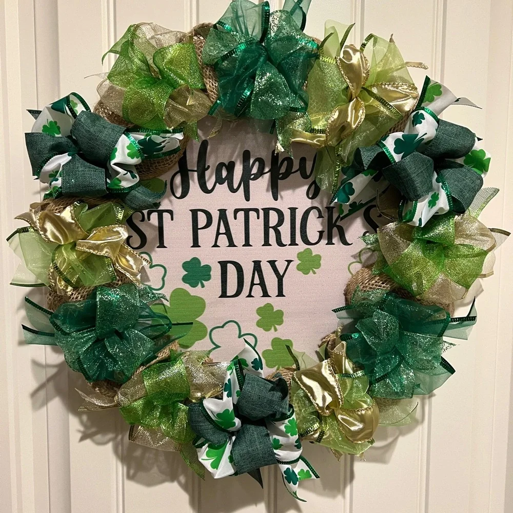 17” Happy St. Patrick’s Day Ribbon Wreath shamrocks in Green, White Handmade W4